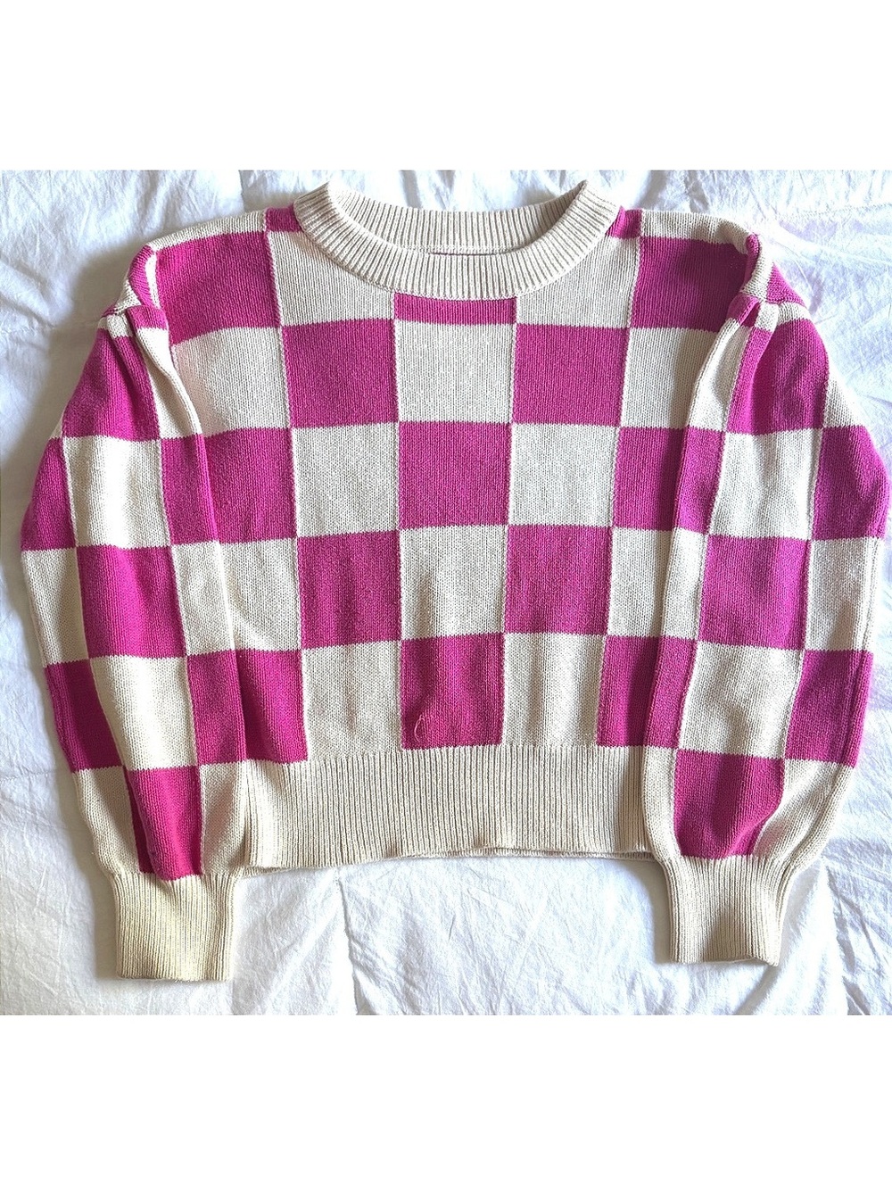 Gap Pink and Cream Checkered Cotton Crewneck Pullover Sweater XXL